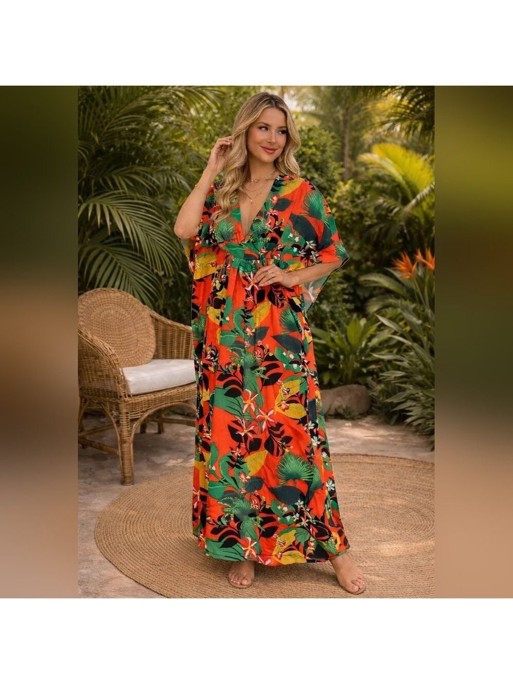 INC Orange Colorful Printed Dolman-Sleeve Caftan Tropical Dress Medium
